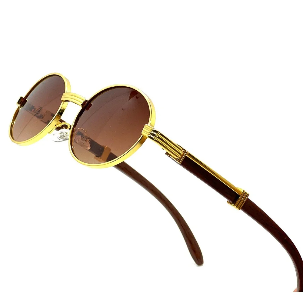 Gold Oval Sunglasses Brown Gradient Lenses‎ Wood Temples Men's Fashion Eyewear